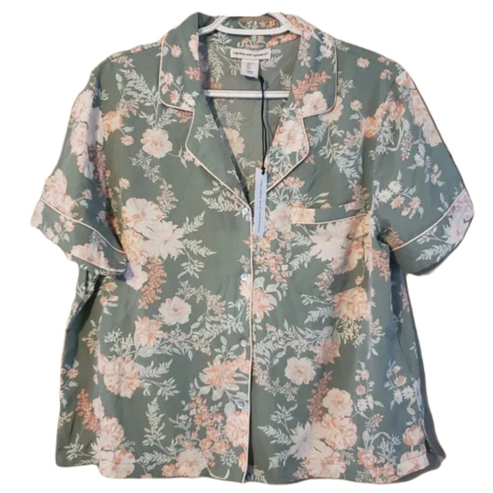 Cupcakes & Cashmere Green Pastel Romantic Floral Short Sleeve Pajama Top Shirt L